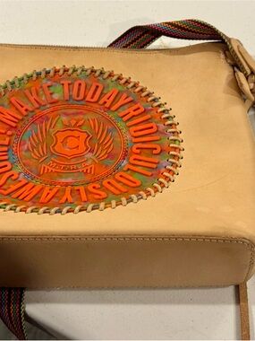 Consuela Beige Leather Crossbody with Multicolor Medallion